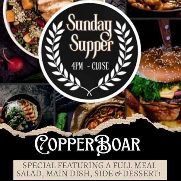Collage of Copper Boar American Pub dishes, including a burger, salad, and quiche, advertising "Sunday Supper".