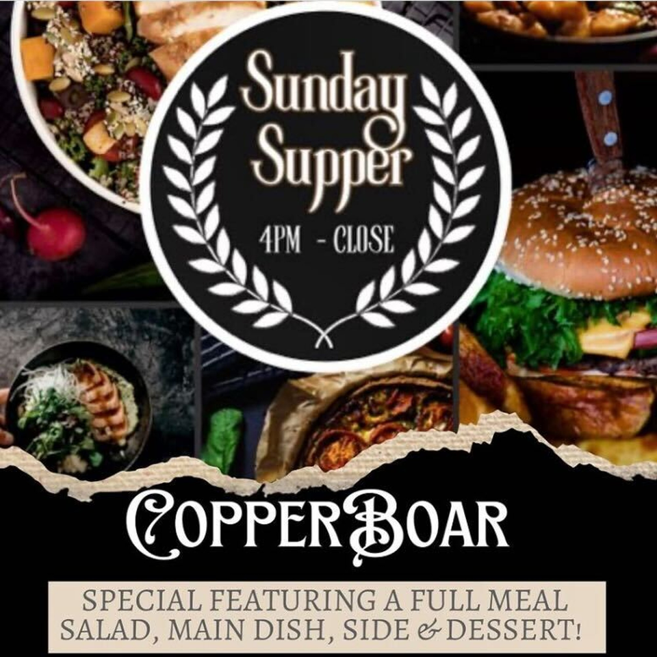 Collage of Copper Boar American Pub dishes, including a burger, salad, and quiche, advertising "Sunday Supper".