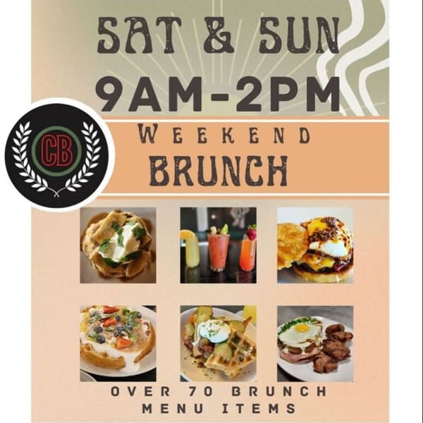 A collage advertising Copper Boar American Pub's weekend brunch with various food and drink items.