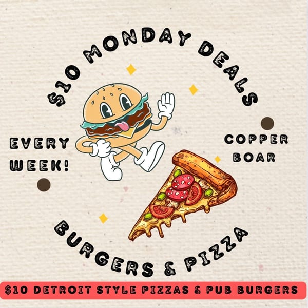Cartoon burger and pizza slice advertising $10 Monday deals at Copper Boar American Pub.
