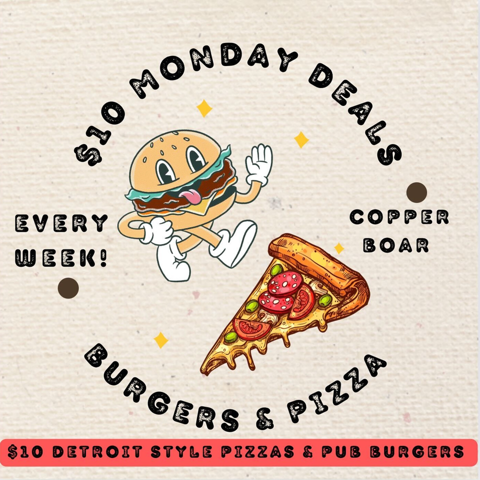 Cartoon burger and pizza slice advertising $10 Monday deals at Copper Boar American Pub.