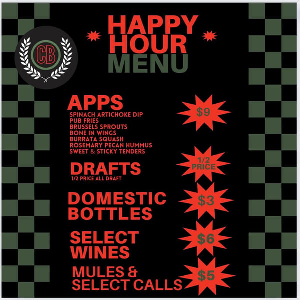 Copper Boar American Pub's happy hour menu with appetizers, drafts, domestic bottles, wines, and mules.