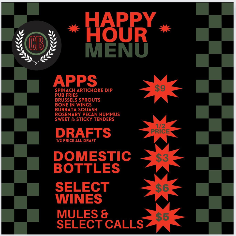 Copper Boar American Pub's happy hour menu with appetizers, drafts, domestic bottles, wines, and mules.